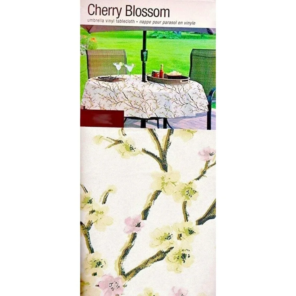 Cherry Blossom Vinyl Tablecloth Zipper Umbrella Table Flannel Backed 60x84